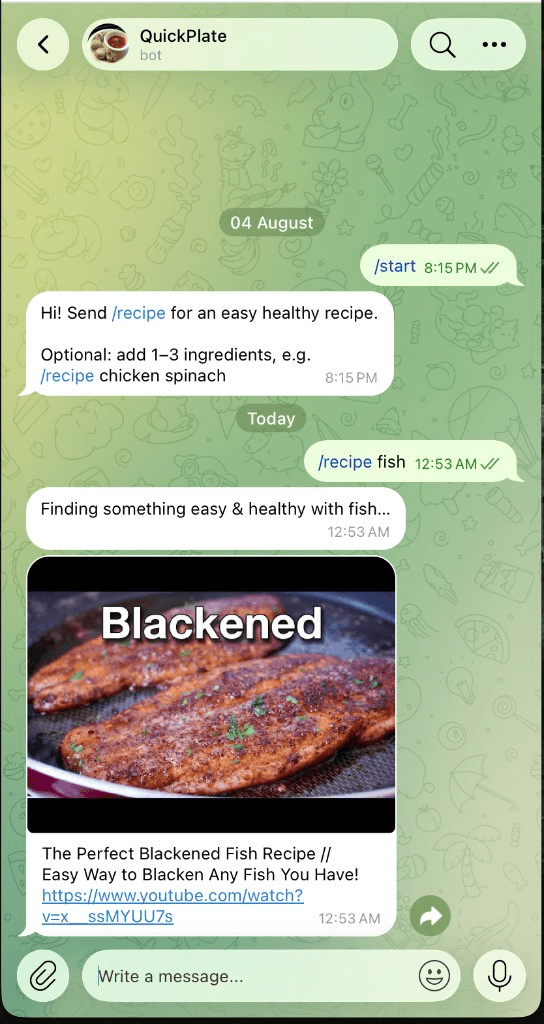 QuickPlate Telegram bot — /recipe fish returns a blackened fish YouTube recipe
