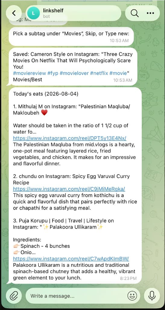 Link Shelf Telegram bot: Movies/Best save and Today's eats daily digest