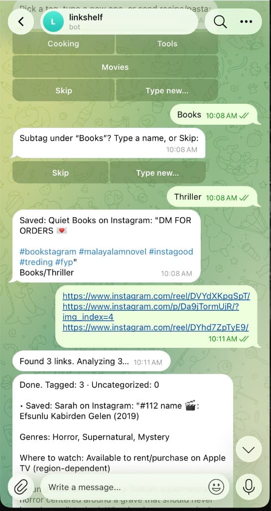 Link Shelf Telegram bot: tagging Books/Thriller and analyzing multiple Instagram links